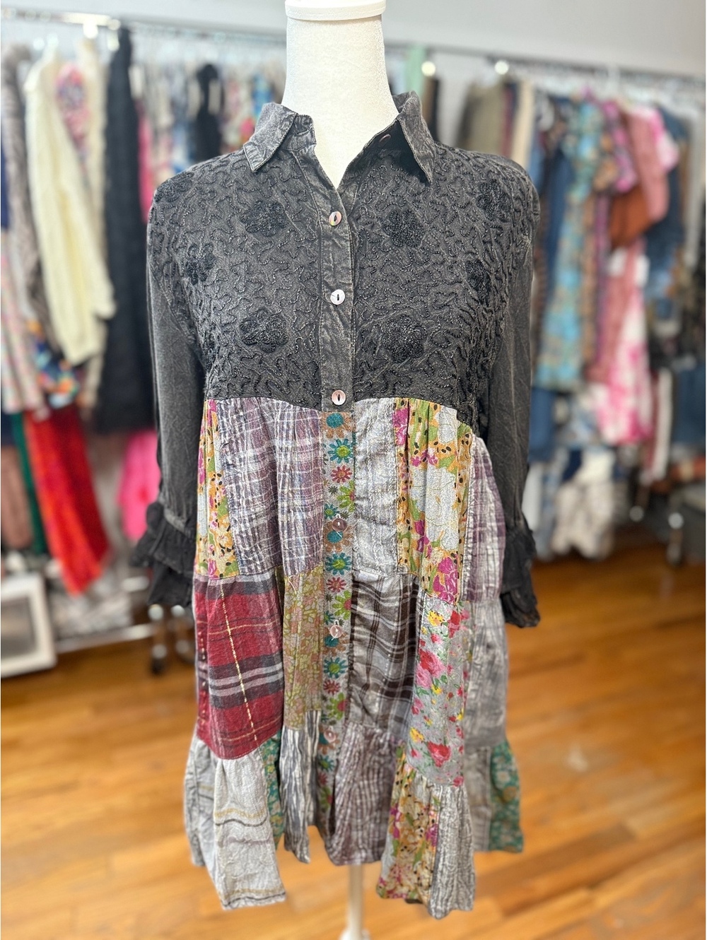 YOUNG THREADS Charcoal Western Patchwork Embroidered Tiered Tunic Top NWT Medium